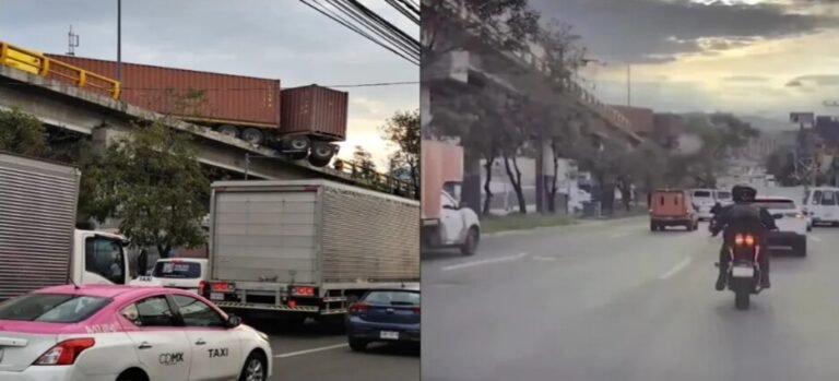 Captan a tráiler a punto de caer de un puente en Naucalpan