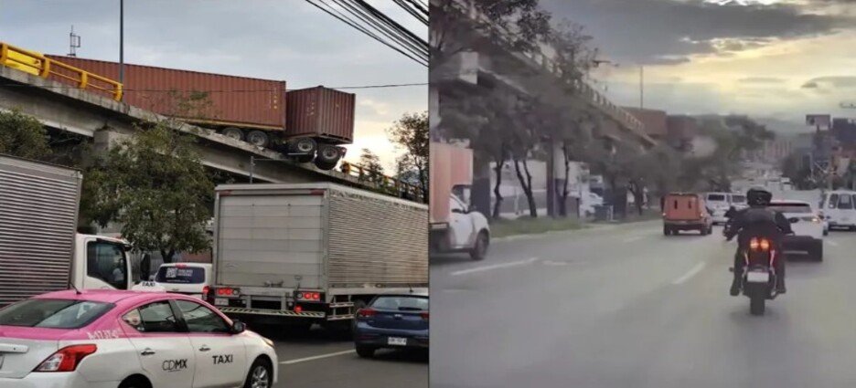 Captan a tráiler a punto de caer de un puente en Naucalpan